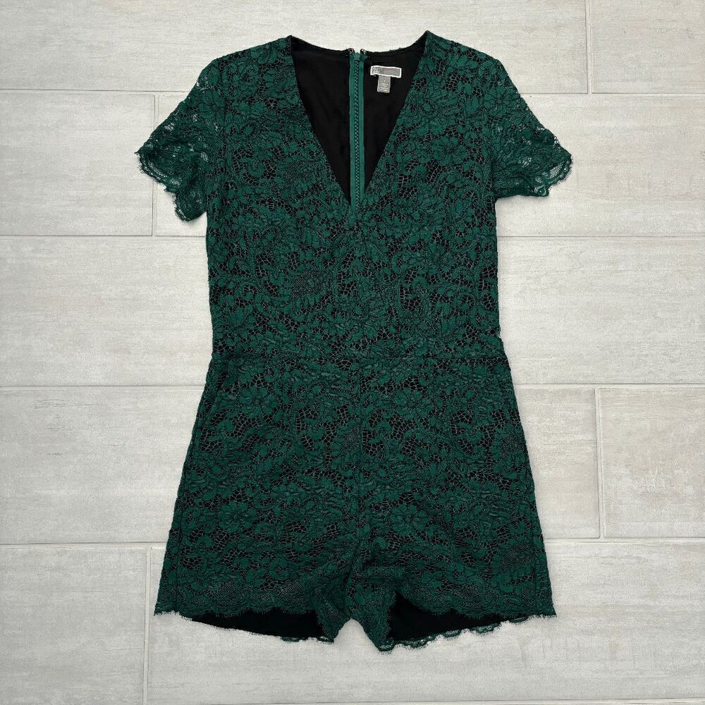 Nordstrom Chelsea28 Romper 6 V-Neck Lace Emerald Green Pockets Shorts Plunge Zip